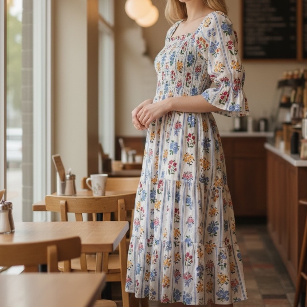 Darlington Isle 100% Cotton Smock Top Floral Bow Ruffle Maxi Off-Shoulder
